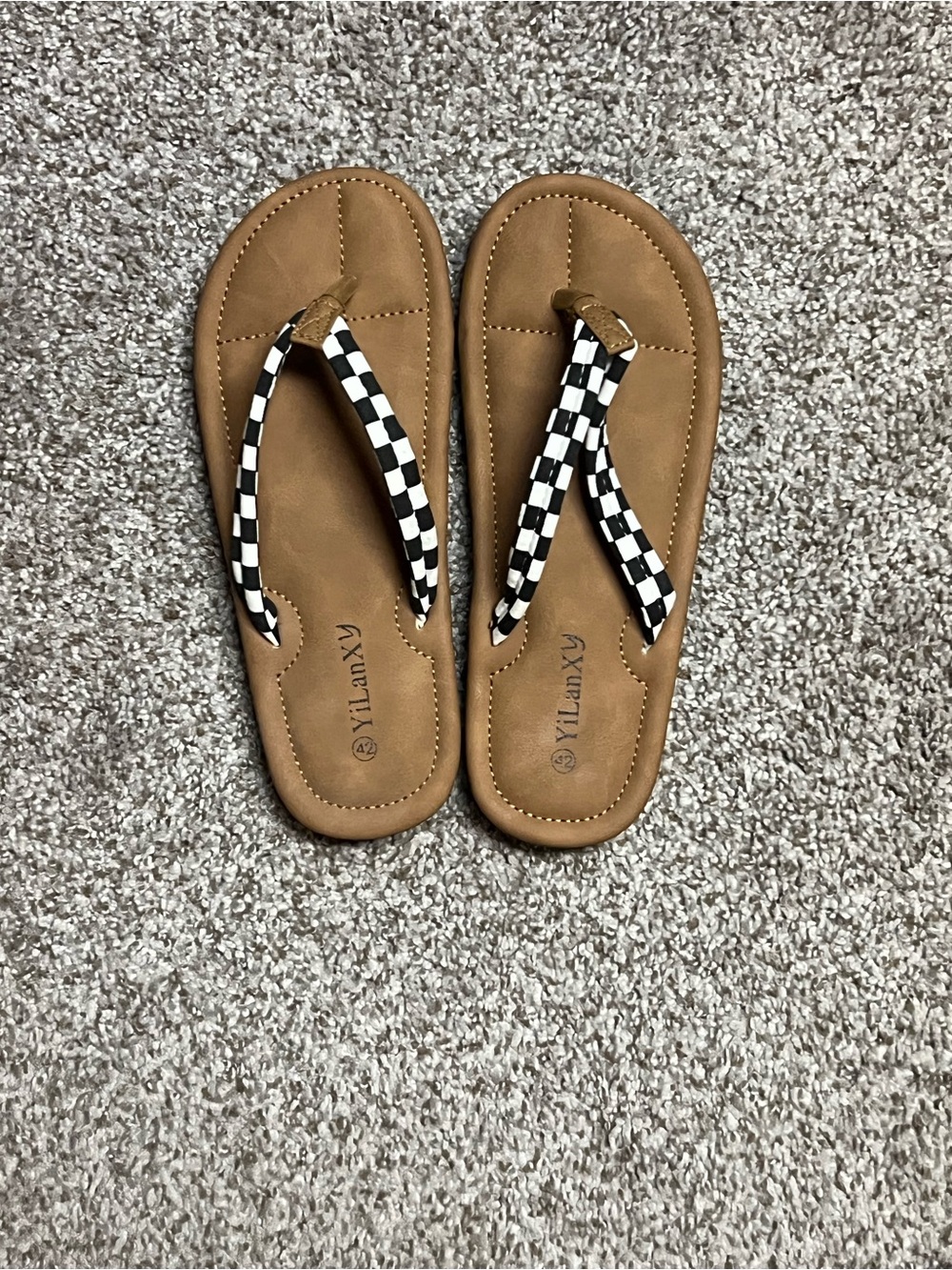 Tan Flip-Flop Sandals with Black & White Check Straps